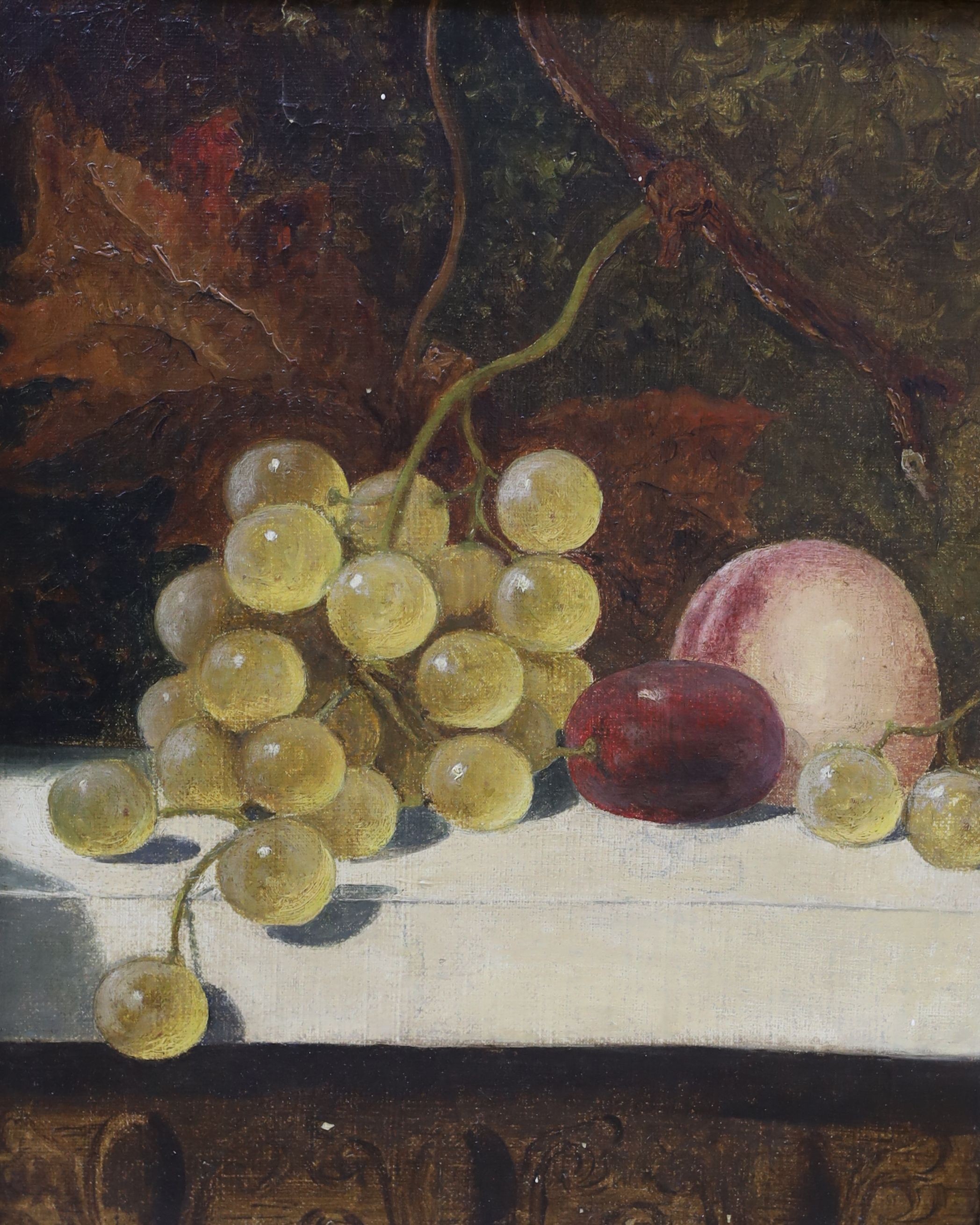 Victorian School, oil on board, Still life of a pear, apple and grapes, 22 x 27cm and a similar oil on canvas, 27 x 22cm